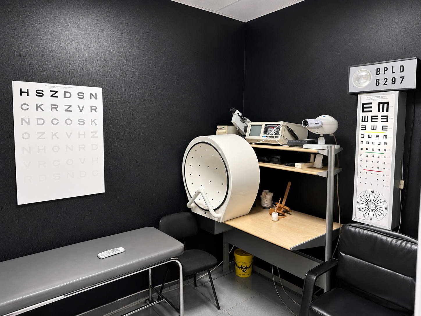 Sala de pruebas visuales con optotipos y equipo de agudeza visual